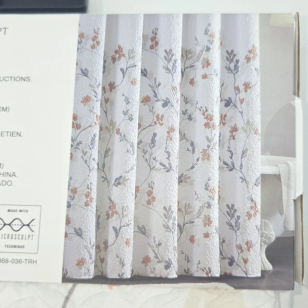 DKNY Sundew Floral‎ Microsculpt  Fabric Shower Curtain White Peach 72x72inch